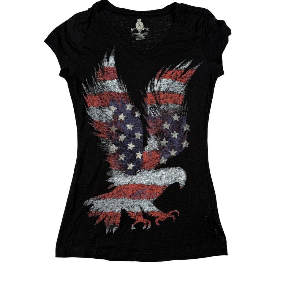Jerry Leigh American Flag Y2K Patriotic Eagle V-Neck Burnout Tee Black S